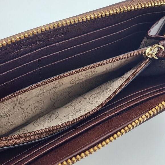 Michael Kors Signature MK Logo Jacquard Brown Tan Continental Zip Wallet - Picture 6 of 8